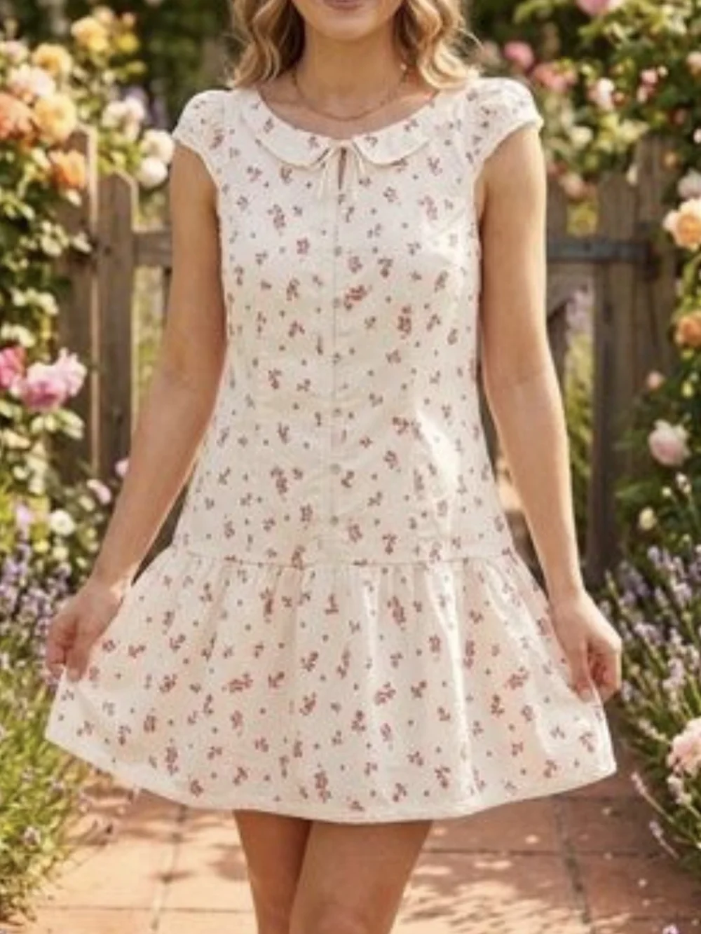 Free People Cream Mini Dress with Pink Floral Motif